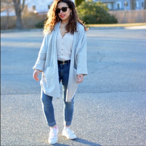 DONNI. Gray White Striped Pocket Open Cardigan - Picture 2 of 13